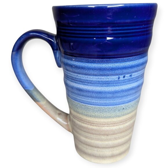 Tall Art Pottery Mug Blue/Brown/Ombre Stripe Large Handle 6" Tall - Picture 2 of 8